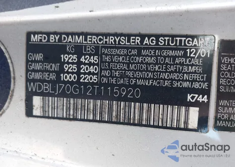 2002 Mercedes-Benz Clk 430 z USA, uszkodzony, nr VIN WDBLJ70G12T115920